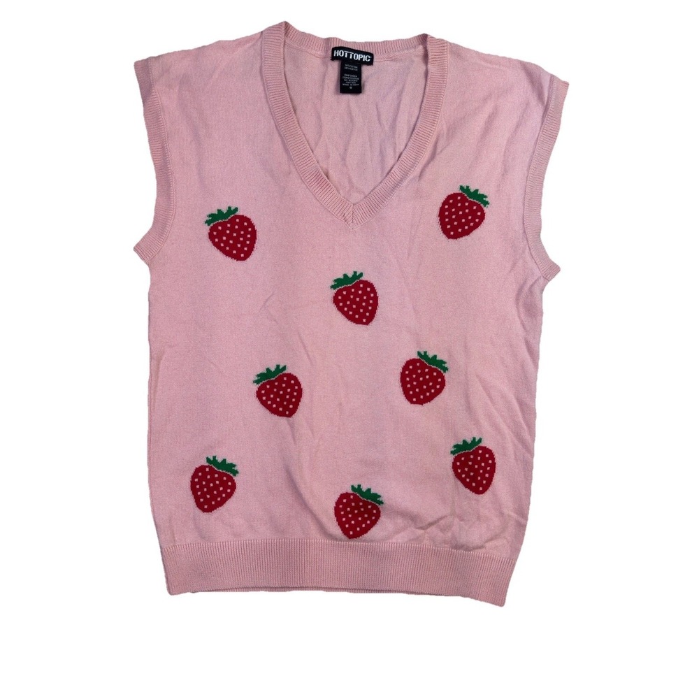 Hot Topic Pink Womens Strawberry Sweater Vest Small Preppy Academia Y2K Clueless